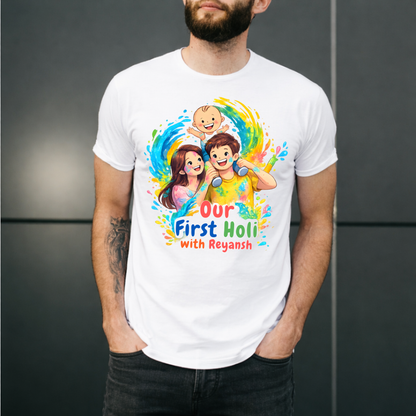 Our First Holi Personalized T-Shirts for Family (Single T-Shirt)!