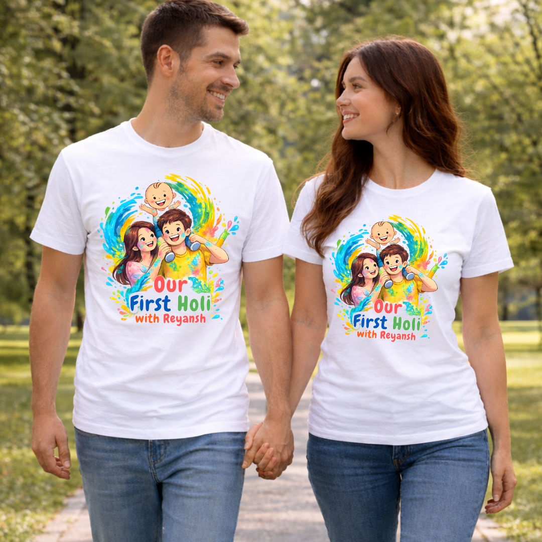 Our First Holi Customised Holi T-Shirts for Couple!